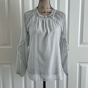 Loft white with black Swiss dot Long Sleeve Ruffle Neck Blouse - small